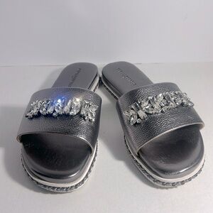 KARL LAGERFELD Women's Silver Metallic Bijou Rhinestone Slide Sandals SZ 8.5